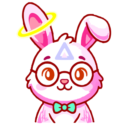 The HopperDock bunny: a pink and white rabbit with round glasses, a halo and a mint bow tie